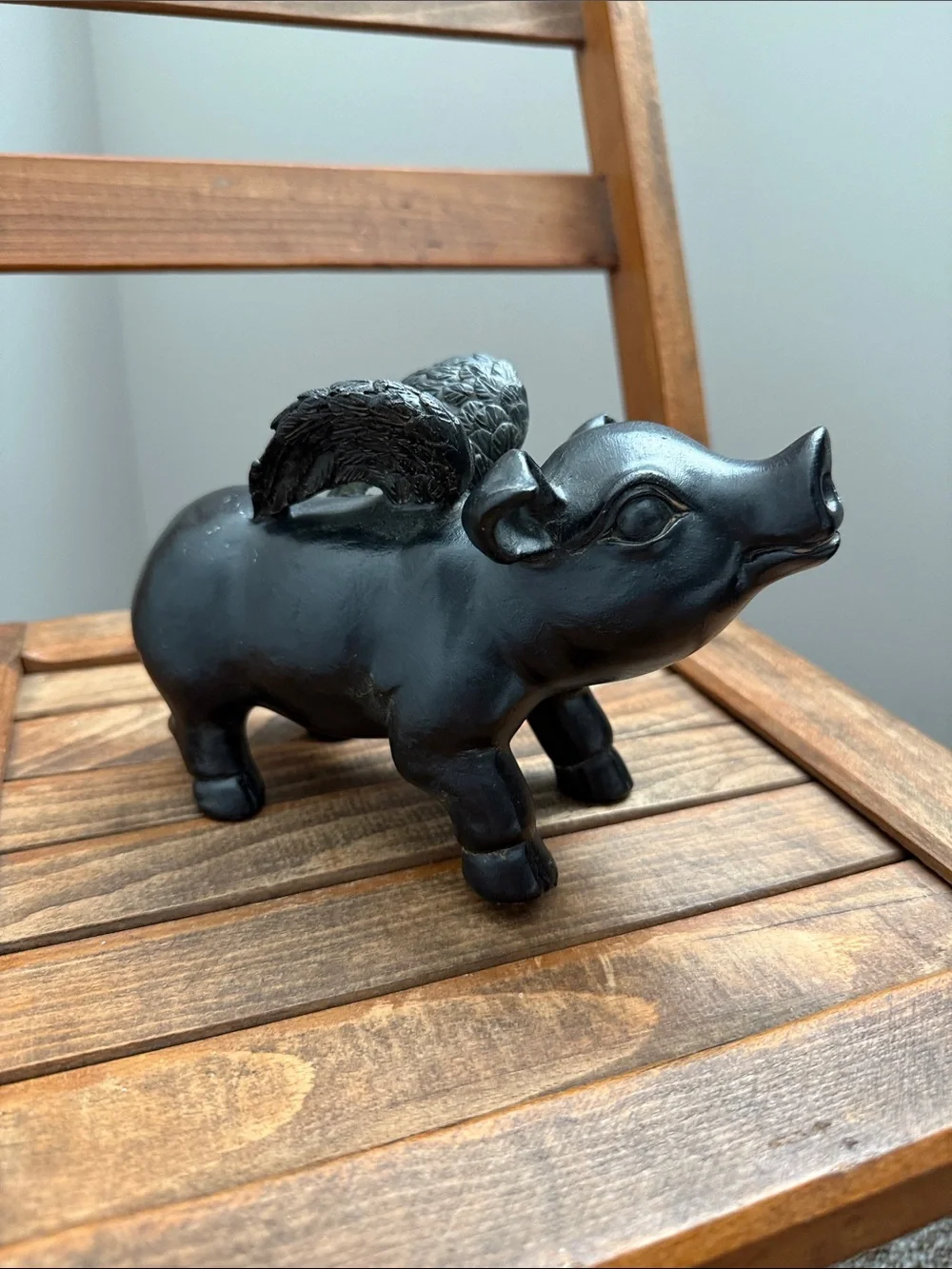 Whimsical Winged Pig Figurine Black Decorative Statue 5”